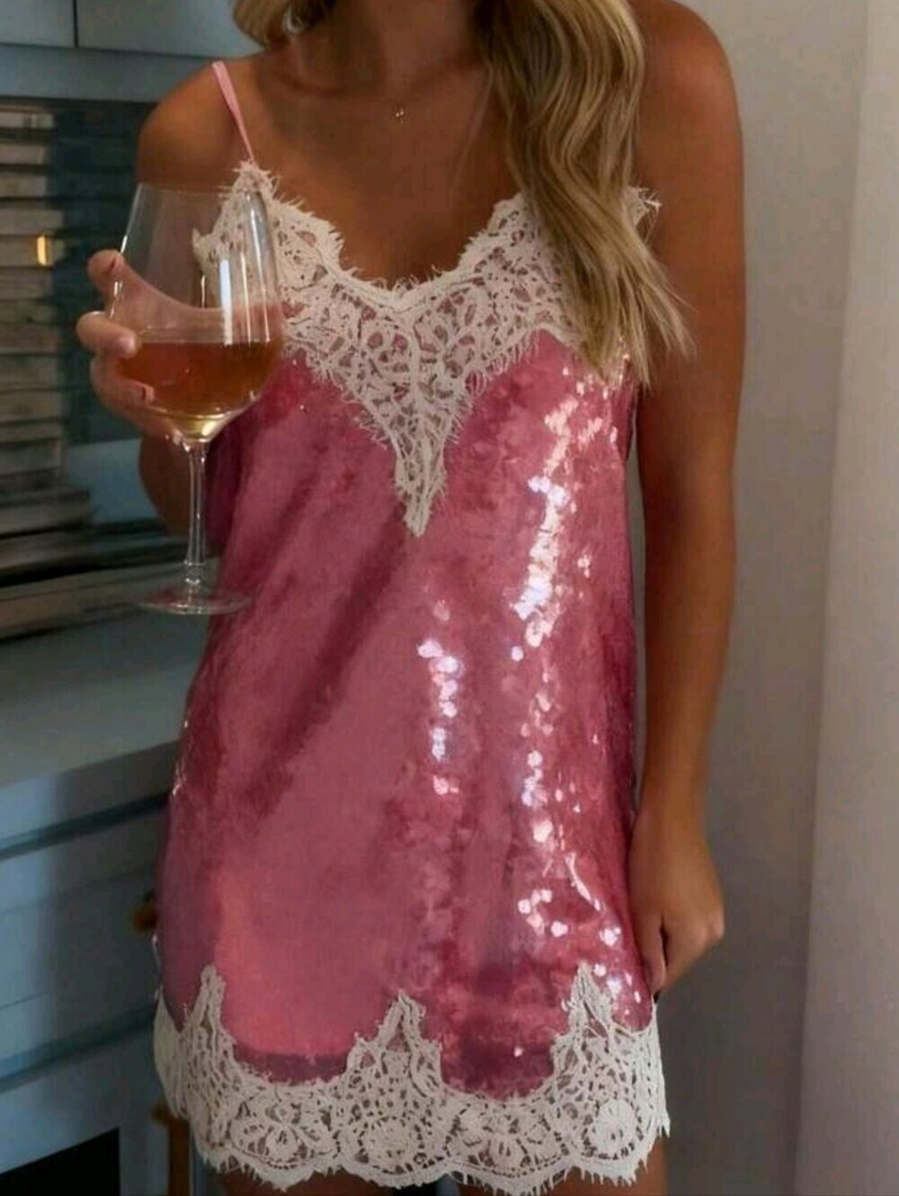 Women's Sequin Lace Trim Slip Dress, Spaghetti Strap V-Neck Mini Dress, Summer F - Picture 2 of 8